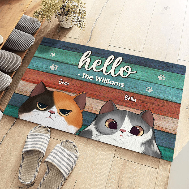 Bonjour mes chers amis chats ! Tapis décoratif personnalisé pour la maison, motif chat ! Cadeau pour les propriétaires et les amoureux des animaux.