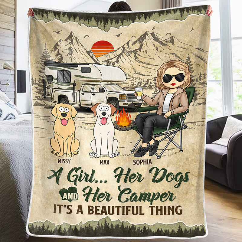 Campfire & Coffee Blanket - Camping Personalized Custom Blanket - Gift For Camping Lovers, Pet Owners, Pet Lovers