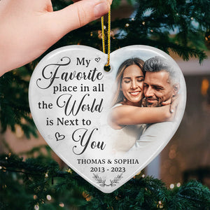 Photo personnalisée « Mon endroit préféré au monde » - Ornement personnalisé pour couple - En forme de cœur en céramique - Cadeau de Noël pour mari et femme, anniversaire