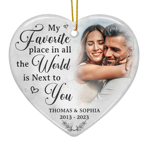 Photo personnalisée « Mon endroit préféré au monde » - Ornement personnalisé pour couple - En forme de cœur en céramique - Cadeau de Noël pour mari et femme, anniversaire