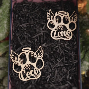 Joyeux Noël avec des bébés en fourrure - Ornement de Noël en bois personnalisé en forme de patte (ailes de chien, de chat et d'ange) - Cadeau de décoration personnalisé.