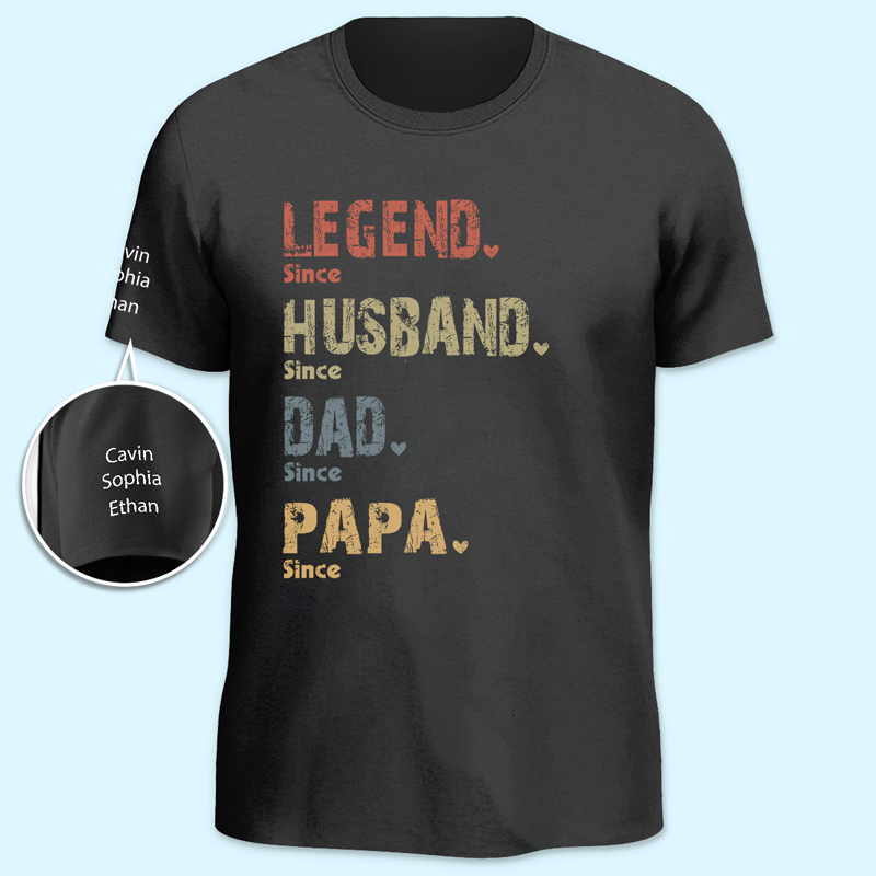 Légende, Mari, Papa et Puis Papa - T-shirt Unisexe Personnalisé Famille avec Motif sur la Manche - Fête des Pères, Cadeau d'Anniversaire pour Papa, Grand-Père