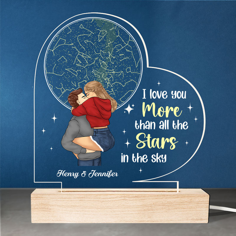 Je t'aime plus que toutes les étoiles - Lampe LED 3D personnalisée en forme de cœur pour couple - Cadeau pour mari et femme, anniversaire