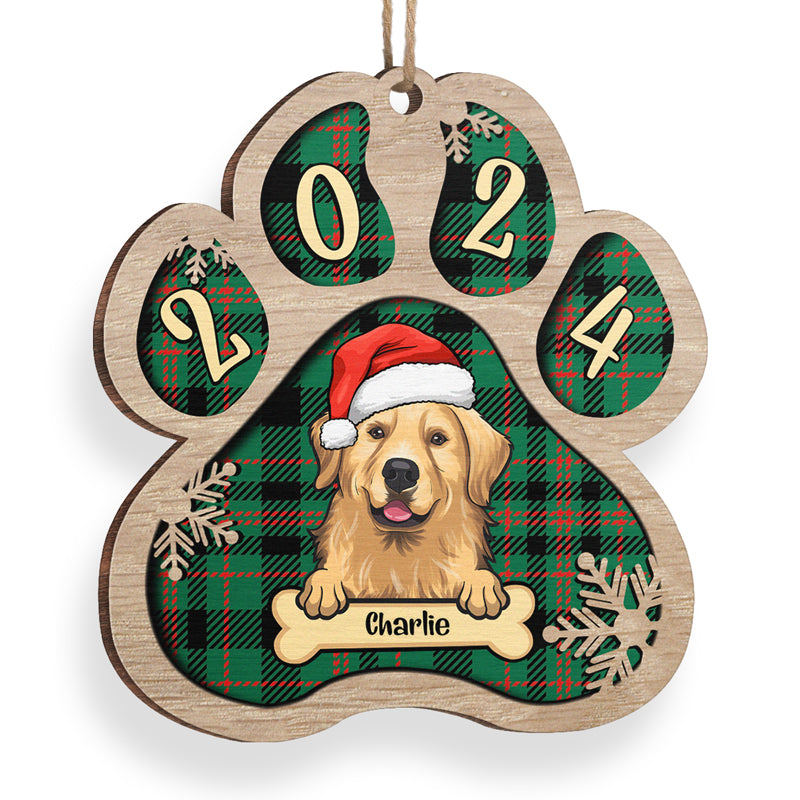 Décoration de Noël personnalisée en bois en forme de patte - Chien, chat et neige - Motif à carreaux Buffalo - Image de téléchargement de décoration personnalisée, cadeau pour les amoureux des animaux