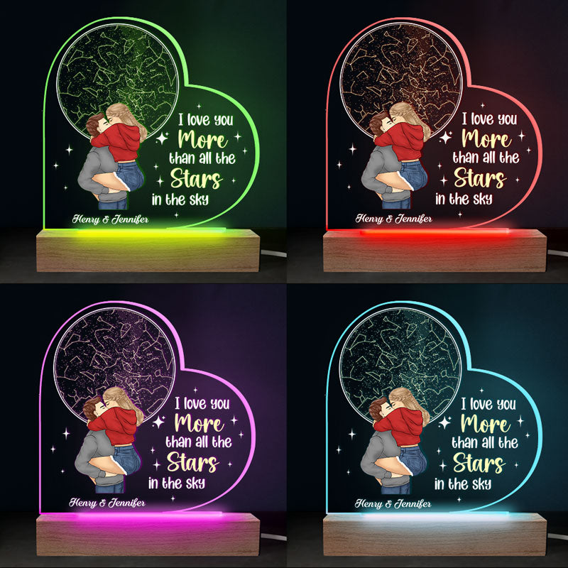 Je t'aime plus que toutes les étoiles - Lampe LED 3D personnalisée en forme de cœur pour couple - Cadeau pour mari et femme, anniversaire