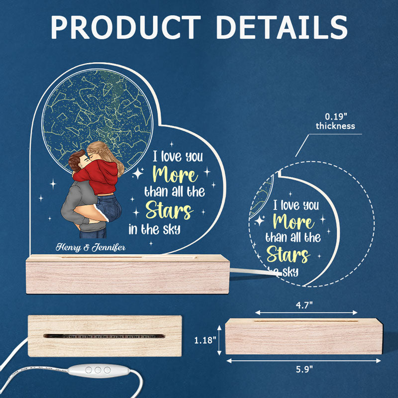Je t'aime plus que toutes les étoiles - Lampe LED 3D personnalisée en forme de cœur pour couple - Cadeau pour mari et femme, anniversaire
