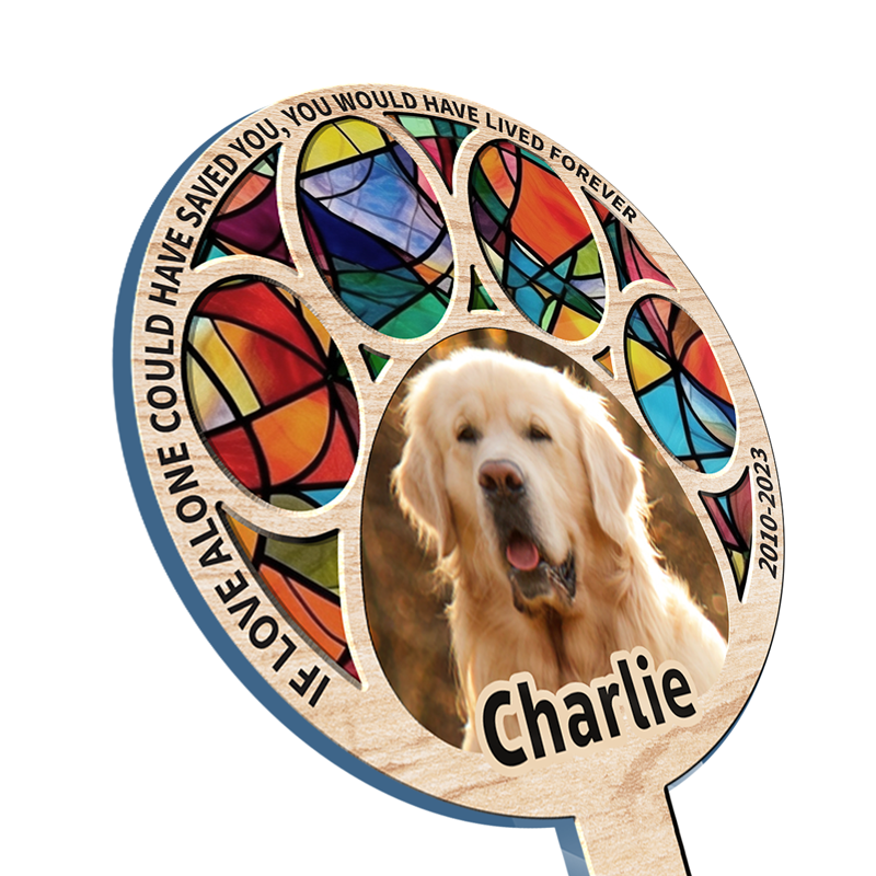 Photo personnalisée : laissez vos empreintes de pattes sur nos cœurs - Piquet de jardin en acrylique personnalisé, style vitrail - Cadeau de condoléances, cadeau pour propriétaires d'animaux et amoureux des animaux