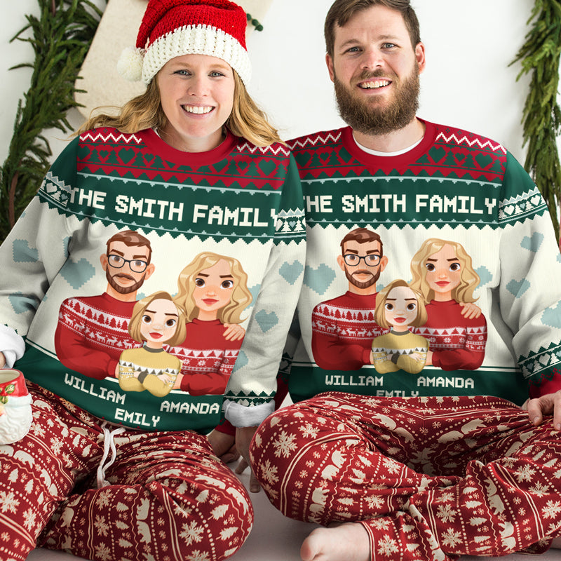 Notre famille est tout - Sweat-shirt personnalisé moche pour la famille - Pull en laine unisexe - Cadeau de Noël pour les membres de la famille