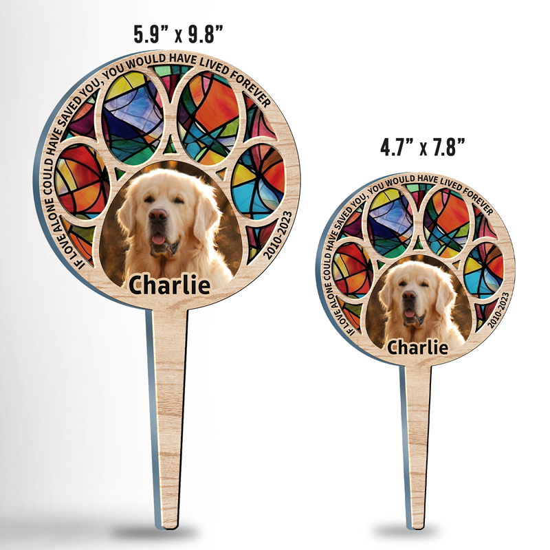 Photo personnalisée : laissez vos empreintes de pattes sur nos cœurs - Piquet de jardin en acrylique personnalisé, style vitrail - Cadeau de condoléances, cadeau pour propriétaires d'animaux et amoureux des animaux