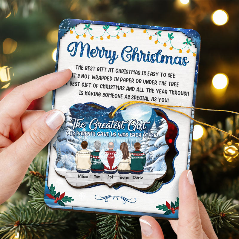 Le plus beau cadeau que nos parents nous ont offert - Carte en bois personnalisée avec ornement amovible - Cadeau de Noël pour les membres de la famille
