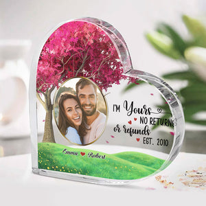 Aucun retour ni remboursement, je suis à toi - Plaque acrylique personnalisée en forme de cœur pour couple - Télécharger une image, cadeau pour mari et femme, anniversaire