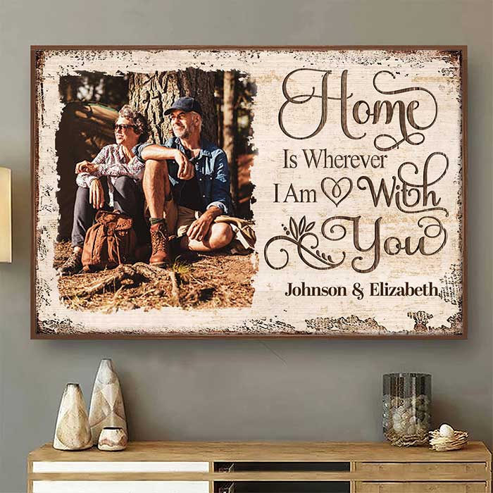 Home Is Wherever I Am With You - Upload Image, Gift For Couples, Husband Wife - Personalized Horizontal Poster.