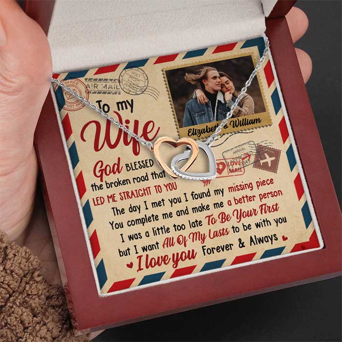 You're My Missing Piece - Upload Image, Gift For Couples - Personalized Interlocking Hearts Necklace.