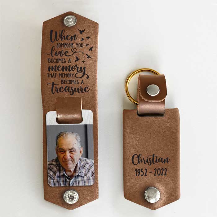 Un souvenir devient un trésor - Porte-clés personnalisé en cuir PU - Télécharger une image, un cadeau commémoratif, un cadeau de condoléances