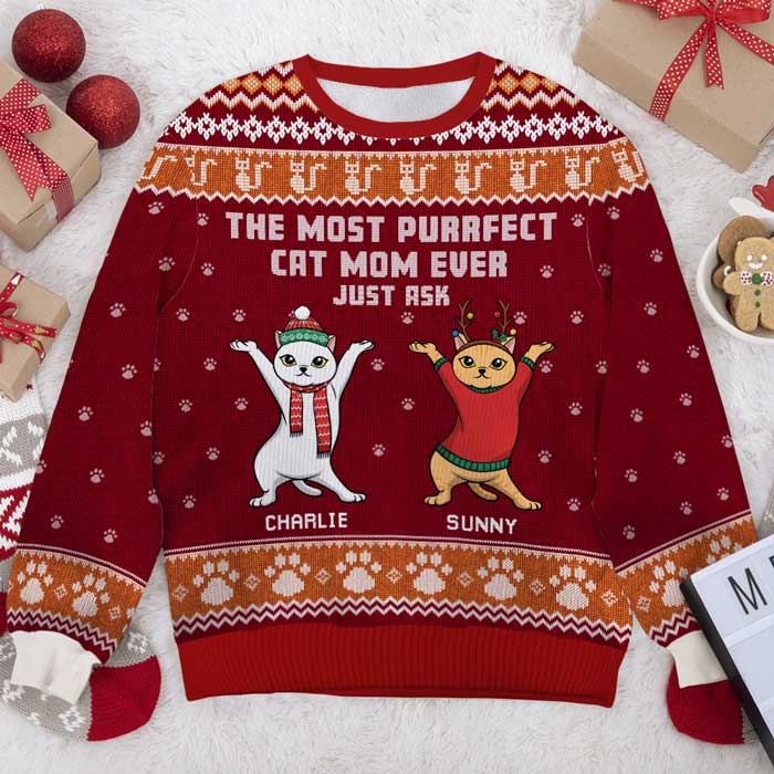 La maman chat la plus parfaite de tous les temps - Sweat-shirt de Noël unisexe personnalisé et moche, sweat-shirt en laine, sweat-shirt imprimé intégral - Cadeau pour les amoureux des chats, les amoureux des animaux, cadeau de Noël