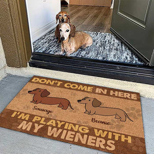 Don't Come In Here I'm Playing With My Wieners - Funny Personalized Decorative Mat.