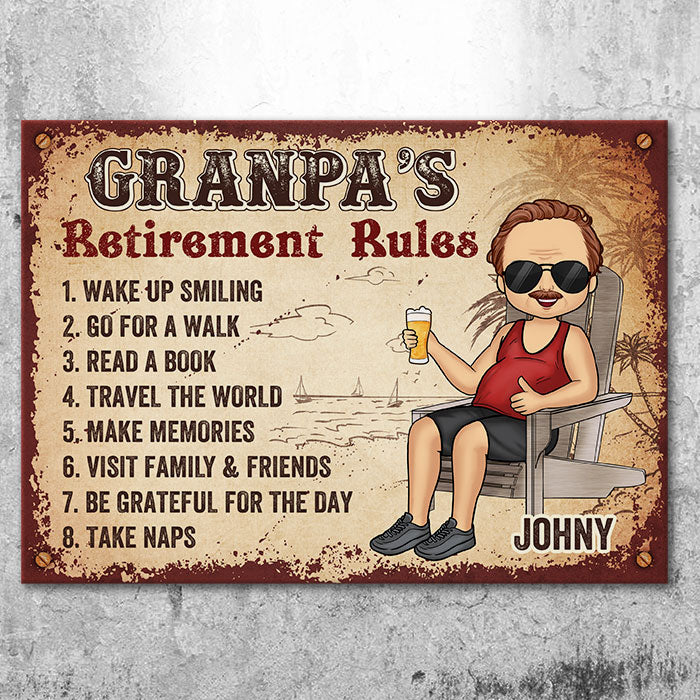 Règles de retraite de grand-père - Cadeau pour papa et grand-père - Plaque en métal personnalisée