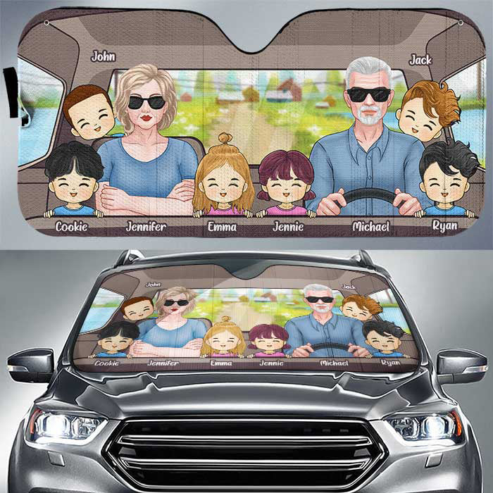 Pare-soleil personnalisé pour voiture, couple au volant et enfants, cadeau pour couple, mari et femme