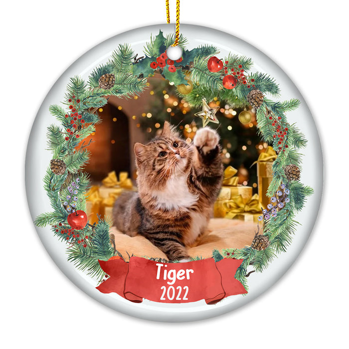 Passez des fêtes chaleureuses et douillettes ! Décoration de Noël ronde personnalisée en céramique avec photo ! Téléchargez une image, cadeau pour les amoureux des animaux, cadeau de Noël.