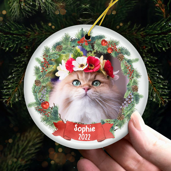 Passez des fêtes chaleureuses et douillettes ! Décoration de Noël ronde personnalisée en céramique avec photo ! Téléchargez une image, cadeau pour les amoureux des animaux, cadeau de Noël.