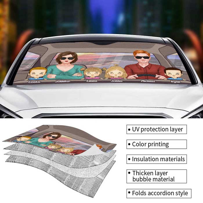 Pare-soleil personnalisé pour voiture, couple au volant et enfants, cadeau pour couple, mari et femme