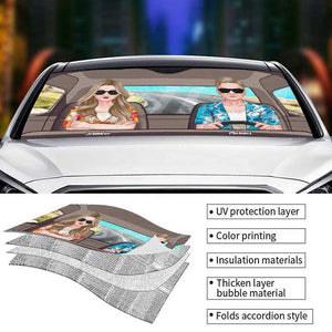 Husband Wife Driving On Road - Personalized Auto Sunshade - Gift For Couples, Husband Wife