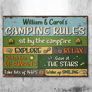 Sit By The Campfire Explore & Relax - Camping Rules - Personalized Metal Sign.