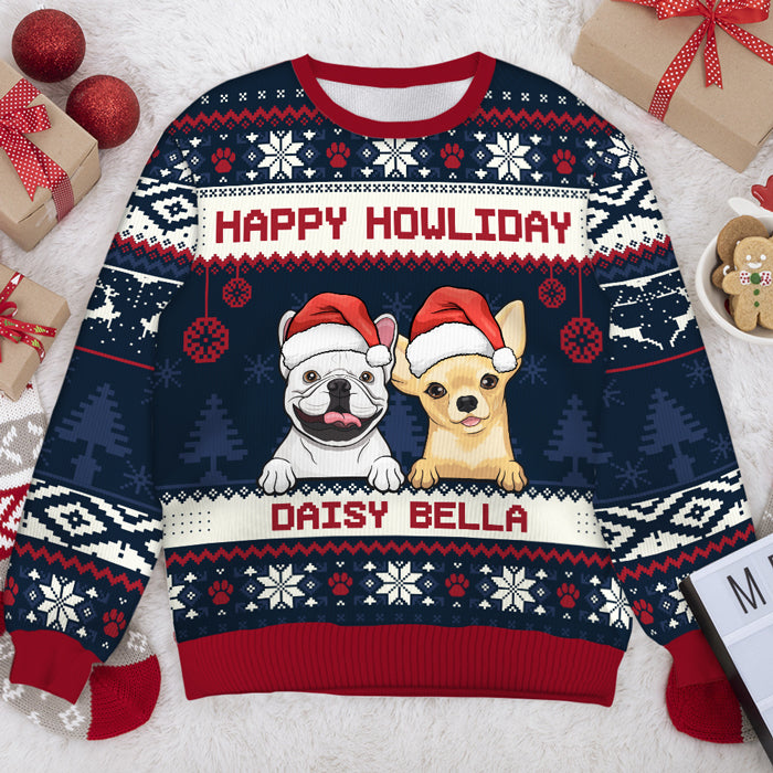 Joyeux Pawliday - Sweat-shirt de Noël unisexe personnalisé et moche, en laine, imprimé intégral - Cadeau pour les amoureux des chiens, des animaux, de Noël
