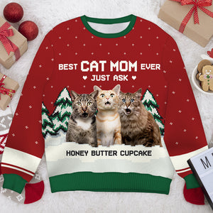 Meilleure maman chat du monde, il suffit de demander - Sweat-shirt de Noël unisexe personnalisé, sweat-shirt en laine, sweat-shirt imprimé intégral - Télécharger une image, cadeau pour les amoureux des animaux, cadeau de Noël