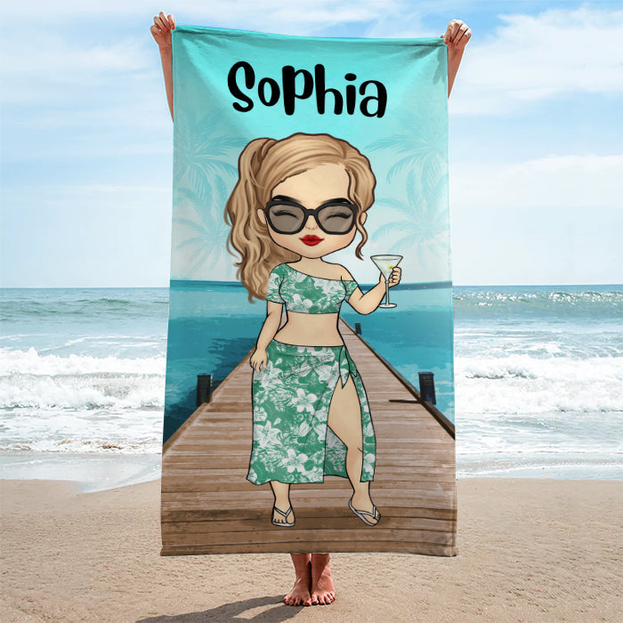 Serviette de plage personnalisée pour couple, motif chibi d'été, vacances à la plage - Cadeau pour couple, mari et femme