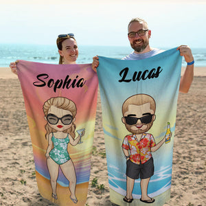 Chibi Couple Summer Holiday - Personalized Beach Towel - Gift For Couples, Husband & Wife