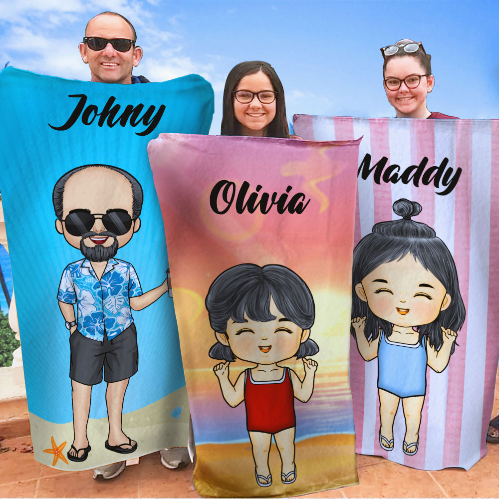 Vacances d'été en famille Chibi - Serviette de plage personnalisée - Cadeau pour la famille