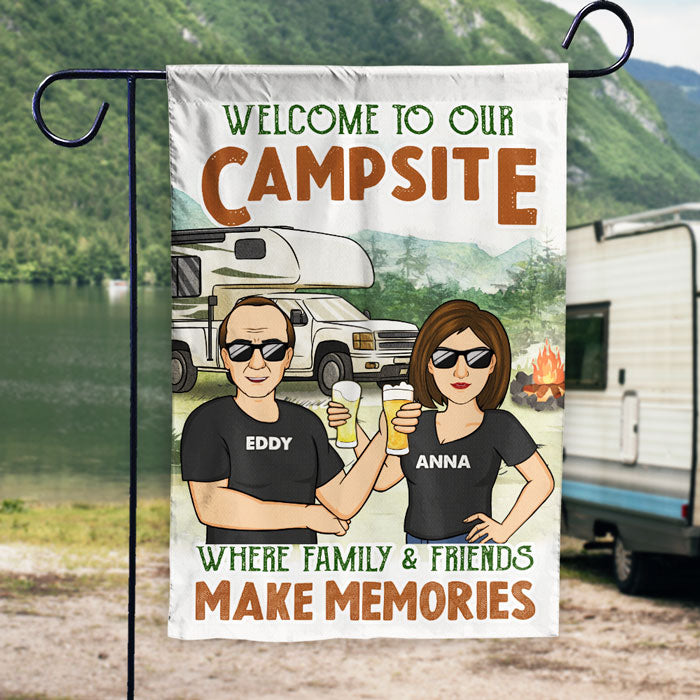 Bienvenue sur notre camping - Drapeau personnalisé - Cadeau pour les amateurs de camping