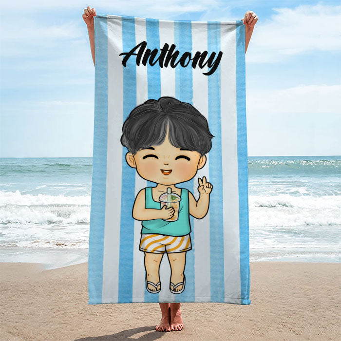 Vacances d'été en famille Chibi - Serviette de plage personnalisée - Cadeau pour la famille