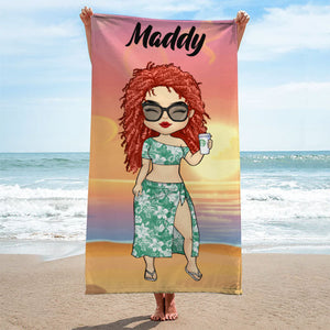 Vacances d'été en famille Chibi - Serviette de plage personnalisée - Cadeau pour la famille