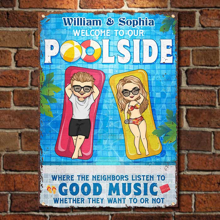Bienvenue au bord de notre piscine - Plaque métallique personnalisée - Cadeau pour couple, mari et femme