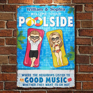 Bienvenue au bord de notre piscine - Plaque métallique personnalisée - Cadeau pour couple, mari et femme