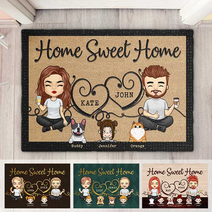 Home Sweet Home With Our Kids - Tapis décoratif personnalisé - Cadeau pour les couples, cadeau pour les amoureux des animaux