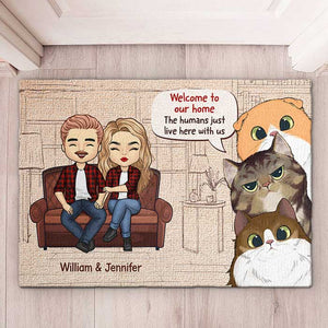 Welcome To Our Home - Couple And Cats, Gift For Cat Lovers - Personalized Decorative Mat.