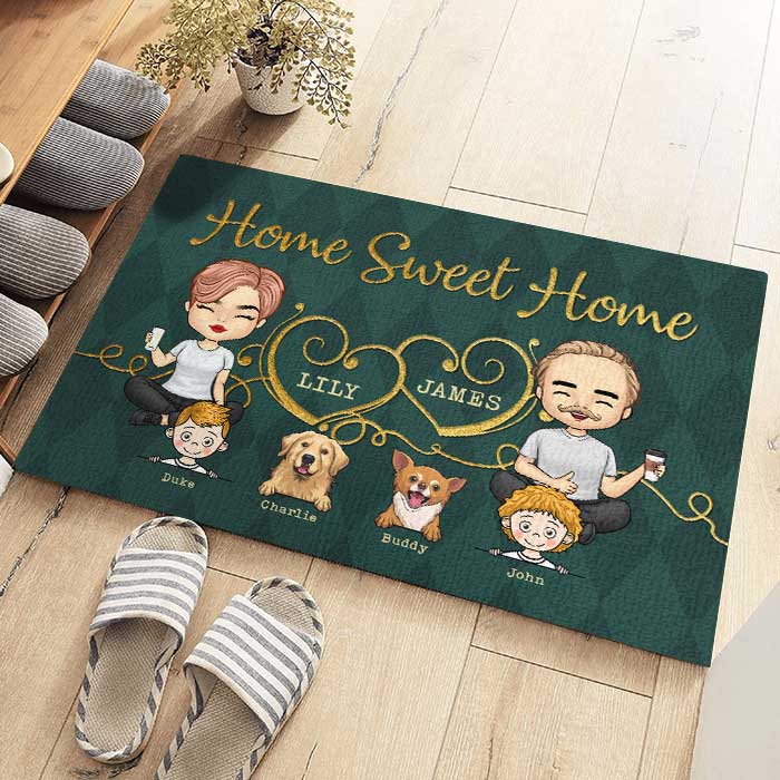 Home Sweet Home With Our Kids - Tapis décoratif personnalisé - Cadeau pour les couples, cadeau pour les amoureux des animaux