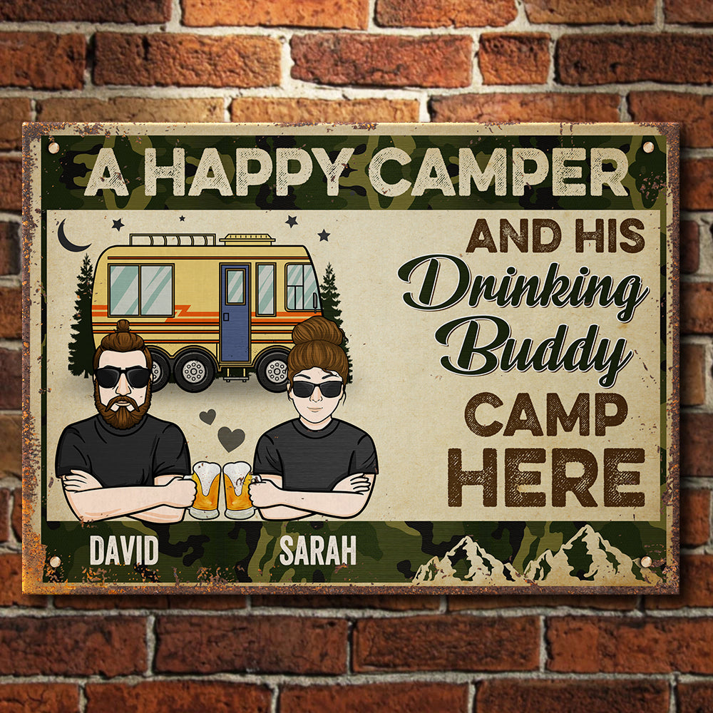 Camping Couple Drinking Buddies - Gift For Camping Couples, Personalized Metal Sign.