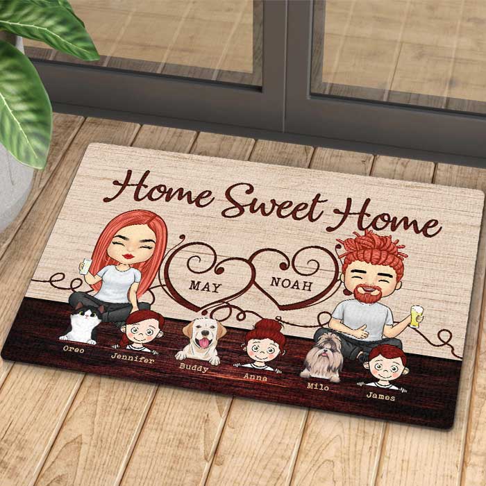 Home Sweet Home With Our Kids - Tapis décoratif personnalisé - Cadeau pour les couples, cadeau pour les amoureux des animaux