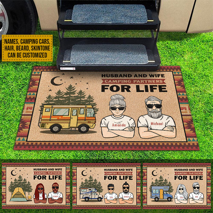 Husband & Wife Camping Partners For Life - Personalized Decorative Mat.