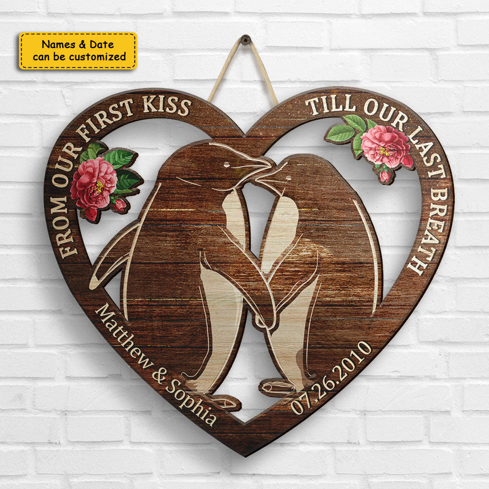 Penguin Couple Our First Kiss - Personalized Shaped Wood Sign - Gift For Couples, Husband Wife