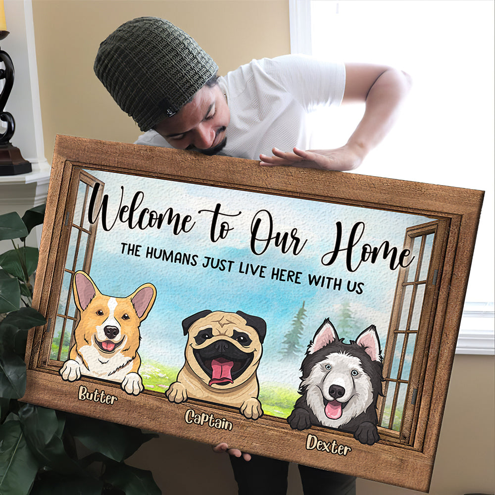 Welcome To Our Home Dogs By The Windows - Personalized Horizontal Canvas.