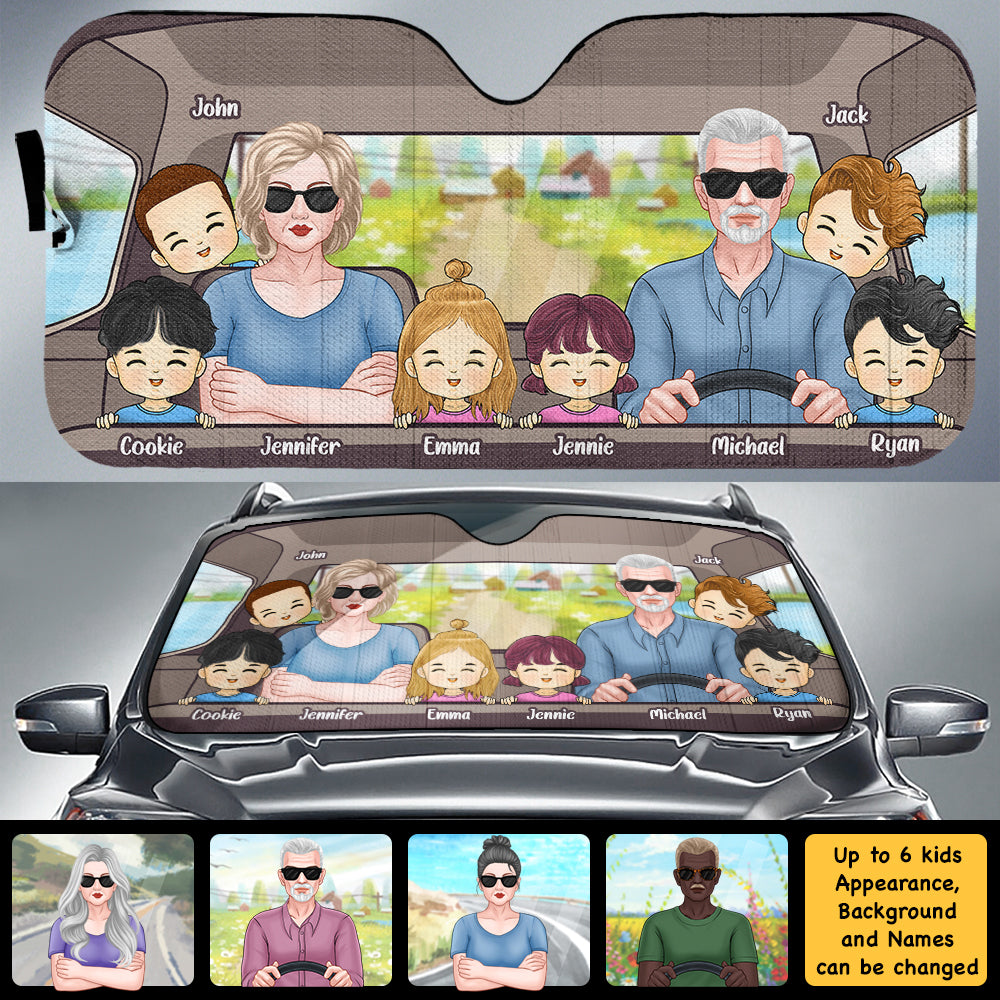 Pare-soleil personnalisé pour voiture, couple au volant et enfants, cadeau pour couple, mari et femme