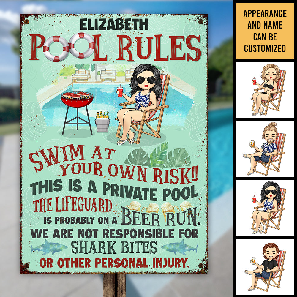 The Pool Rules - Personalized Metal Sign - Gift For Couples, Husband Wife