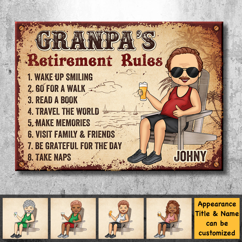 Règles de retraite de grand-père - Cadeau pour papa et grand-père - Plaque en métal personnalisée