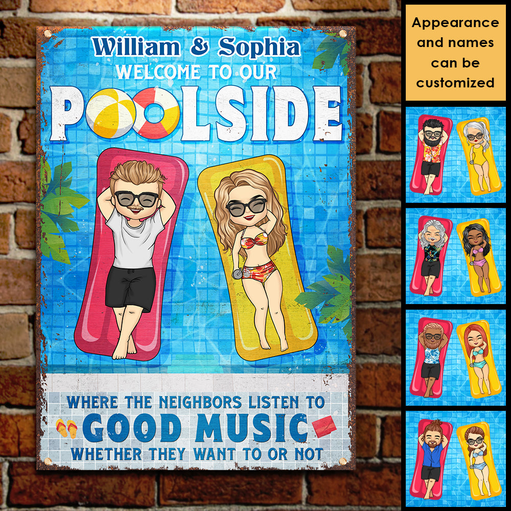 Bienvenue au bord de notre piscine - Plaque métallique personnalisée - Cadeau pour couple, mari et femme