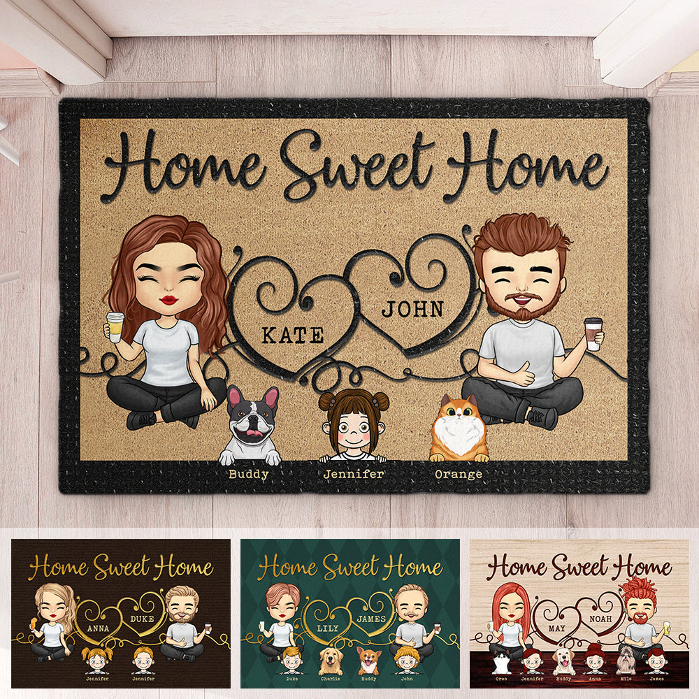 Home Sweet Home With Our Kids - Tapis décoratif personnalisé - Cadeau pour les couples, cadeau pour les amoureux des animaux